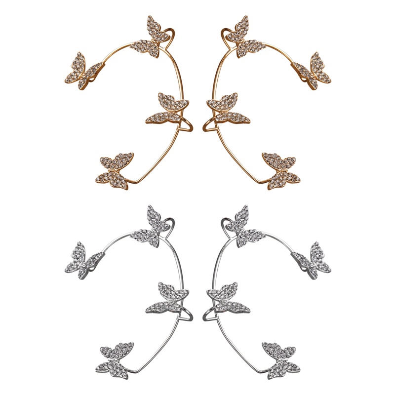 Klip Telinga Kupu-Kupu Logam Warna Emas Silver Tanpa Tindik Untuk Wanita Zirkon Berkilau Ear Cuff Clip Earrings Perhiasan Pernikahan