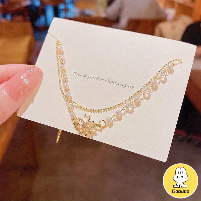 Gelang Bunga Zirkon Mutiara Lapis Ganda Desain Niche Wanita Gelang Pacar Kelas Atas -Doo