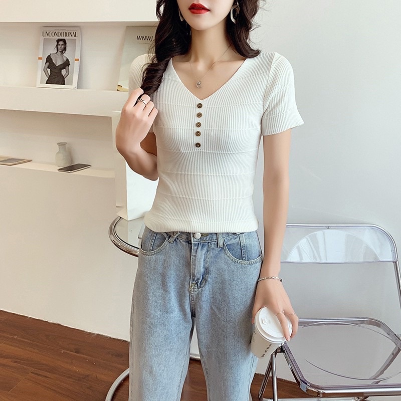 Korean T-Shirt Button Atasan Wanita Rajut Premium