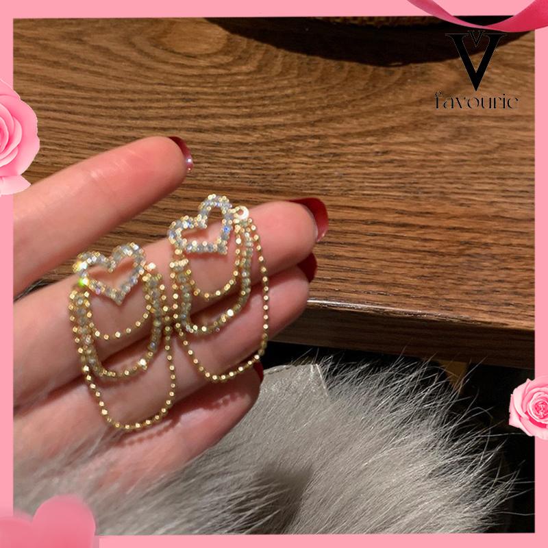 CODAnting rumbai Korea Rhinestone Berbentuk Hati Earrings Anting Tindik Perhiasan Wanita Fashion Murah Hadiah Perhiasan-FA