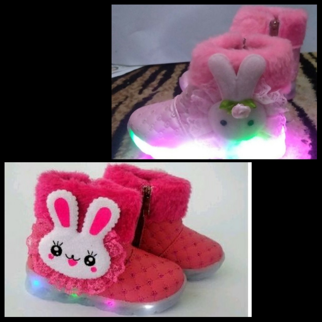 Sepatu Boots Bulu Kelinci LED Anak Perempuan Lucu 1 2 3 4 5 6 7 Tahun/ Sepatu Boots Pita Rabbit Lamp