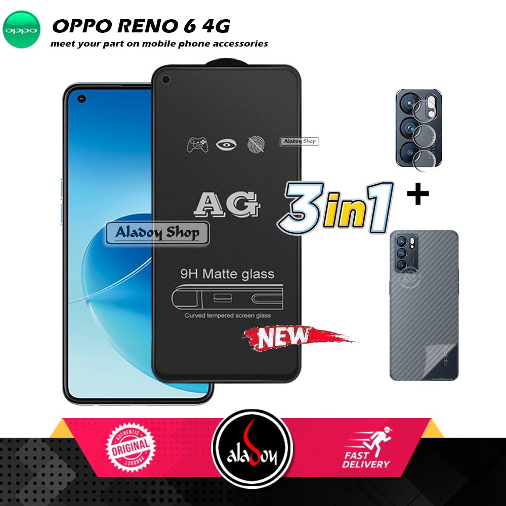 Paket 3IN1 Tempered Glass Layar Matte Anti Glare Oppo Reno 6 4G Free Tempered Glass Camera dan Skin Carbon