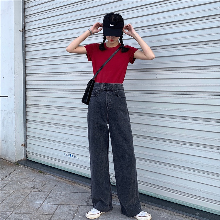 【Bayar di tempat】Celana lebar kaki longgar wanita Korea/Celana jeans wanita high waist celana panjang retro fashion Korea style loose jins