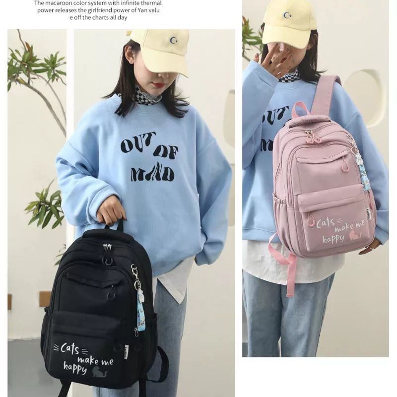 TAS RANSEL SEKOLAH ANAK PEREMPUAN KARAKTER CATS MAKE ME HAPPY / RANSEL KAPASITAS BESAR / RANSEL BAHU RINGAN / TAS ANAK GADIS MANIS