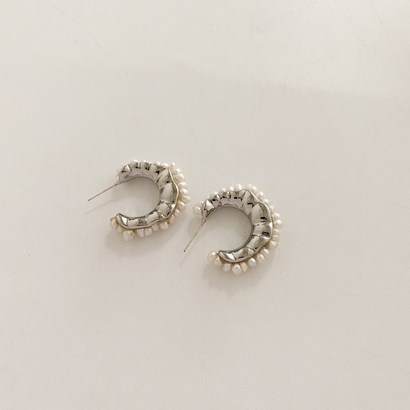 Anting Mutiara Berbentuk C Setengah Lingkaran Perak Aksesoris Retro Versi Korea Temperamen Tren