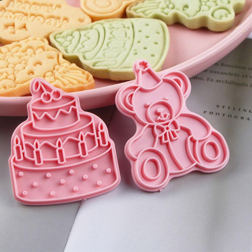 R-FLOWER 8pcs /set 3D Happy Birthday Makanan Fondant Kue Alat Cetakan Kue Plunger Plastik Kue Bunga