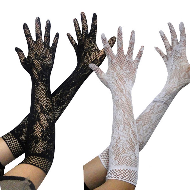 LTX-17 sarung tangan fishnet net jaring panjang wedding glove gloves pengantin hitam putih