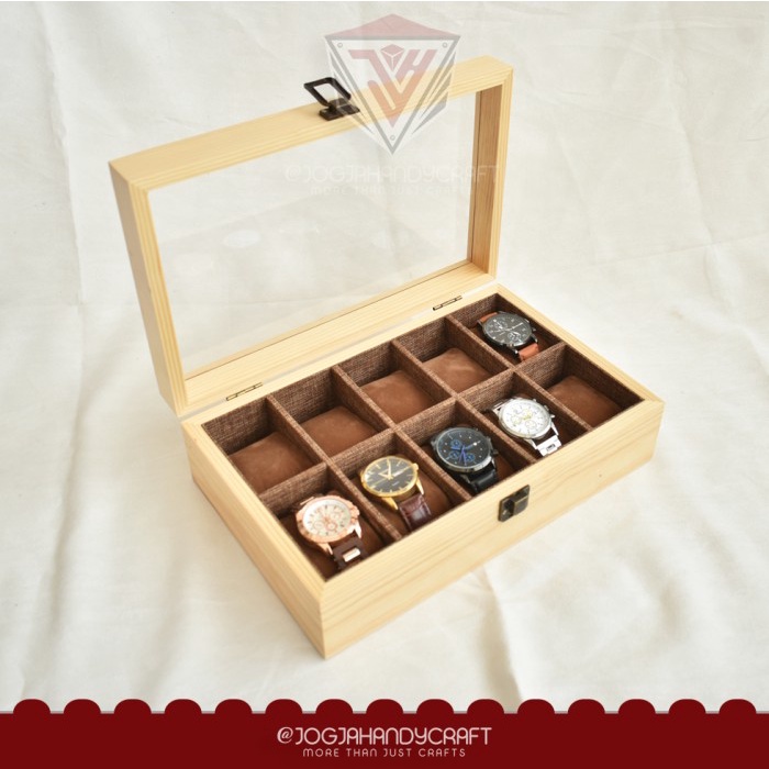 Premium Wooden Watch Box / Kotak Jam Tangan Kayu 10 Slot / Tempat Jam Tangan Pine Wood