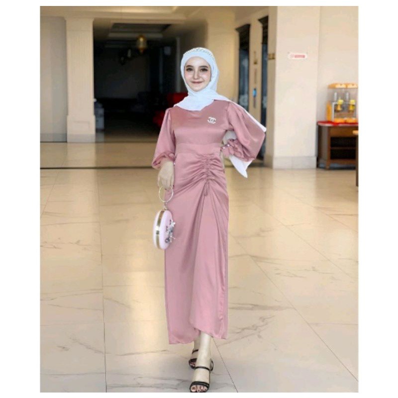 Chiara Dress Kondangan Mewah Bahan Satin Dres Serut Bridesmaid Fashion Muslim Terbaru Elegan Mewah Gamis Pesta Remaja Dewasa Fit Tto L