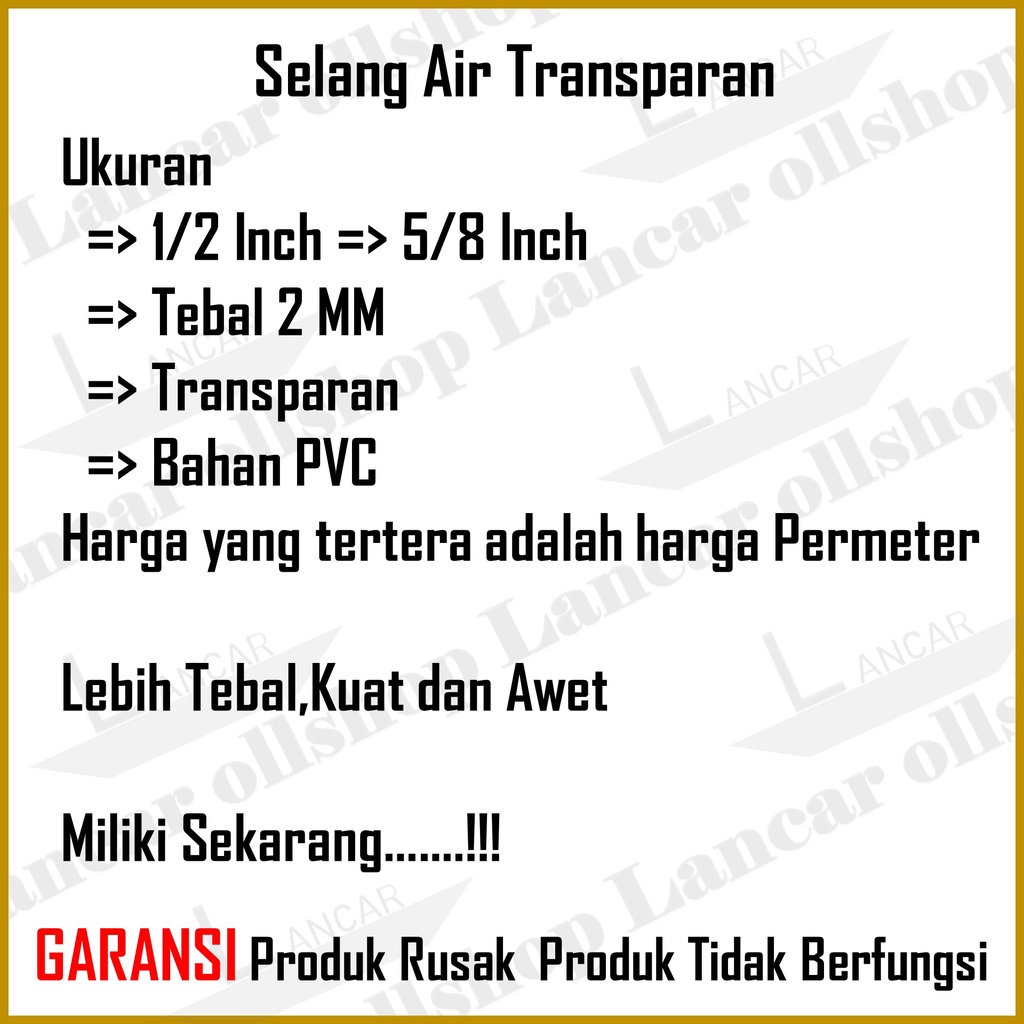 Selang Air Transparan Transparant 1/2 5/8 Inch Permeter / Selang Air Siram Taman Tanaman Cuci Motor Mobil Transparan Tebal