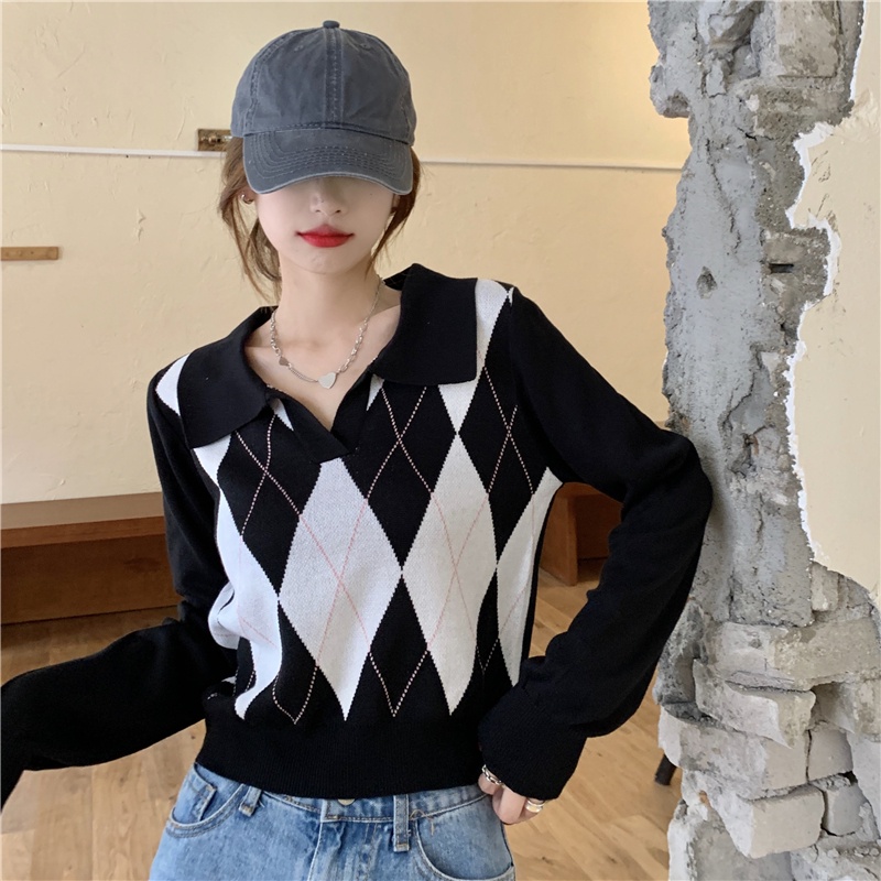 YIU YIU Rajut - Atasan Wanita Lengan Panjang Korea Style Kotak-kotak V-neck Sweater Knit Import Premium