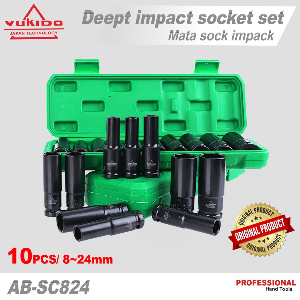 yukido Mata Socket Drive Impact Extension Deep Impact Socket Set 10Pcs 1/2 Inch 8mm - 24mm