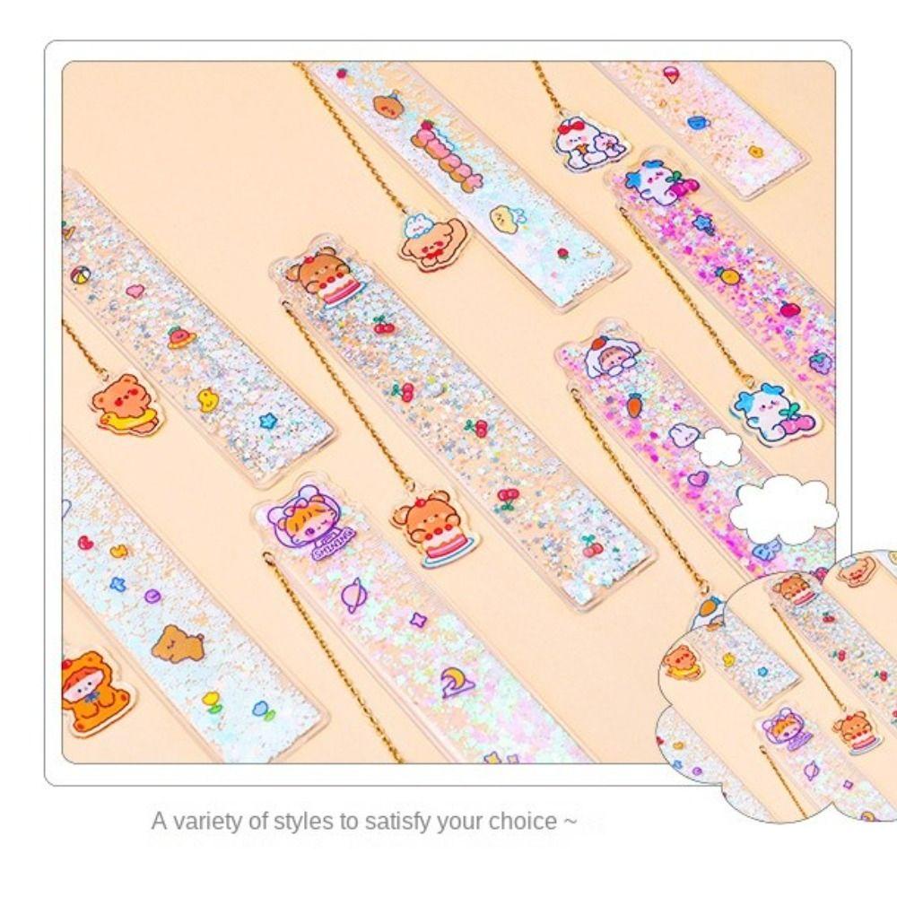 MXBEAUTY Quicksand Bookmark Ruler Kawaii INS Alat Tulis Siswa Kantor Bear Divideding Ruler