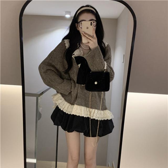 Suhao One-Piece Suit High Waist All-Match Rok + Retro Manis Gaya Barat Usia Mengurangi Renda Sweater Wol kardigan Jaket