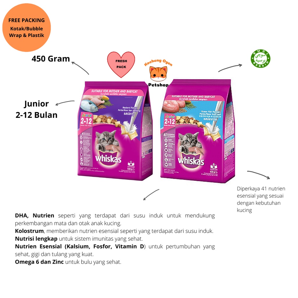 Whiskas Junior Fresh Pack 450 Gram (FREE Packing Kardus atau Bubble Wrap dan Ditambah Plastik) | Mak