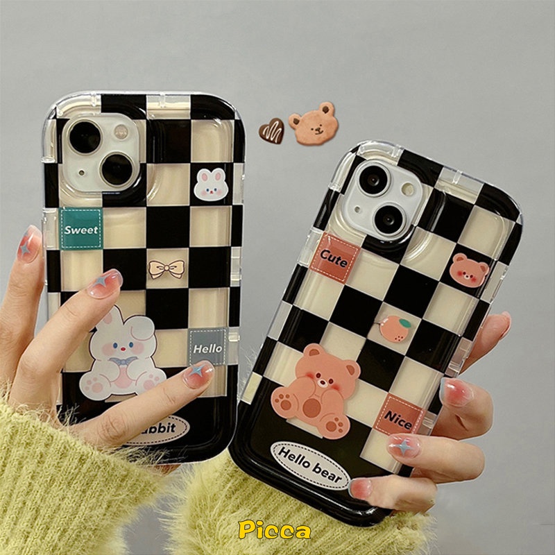 IPHONE Casing Pasangan Beruang Kelinci Lucu Kotak-Kotak Kompatibel Untuk Iphone11 14 13 12 Pro MAX 7Plus 8Plus XR 78 6 6S Plus X XS MAX Shockproof Airbag Casing Soft TPU Lovers Phone Case