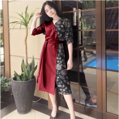 Midi Dress Motif Kembang Pesta Natal Wanita Remaja Terbaru Dress Mewah Elegant Model Kekinian Trendy