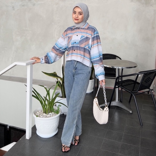 KEMEJA CROP ANNA FLANEL DAILY OFFICE SHIRT PREMIUM B407