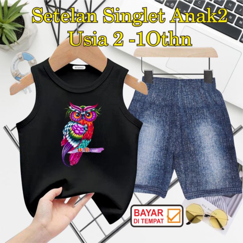 ((IB))SETELAN ANAK SINGLET SEMI JEANS/BIRD DIGITAL SABLON