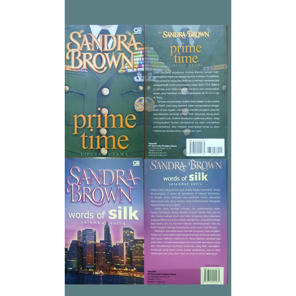 Novel Sandra Brown ' Prime Time, 22 iIndigo Place, A Secret Splendor, Word of Silk, Riley In The Mor