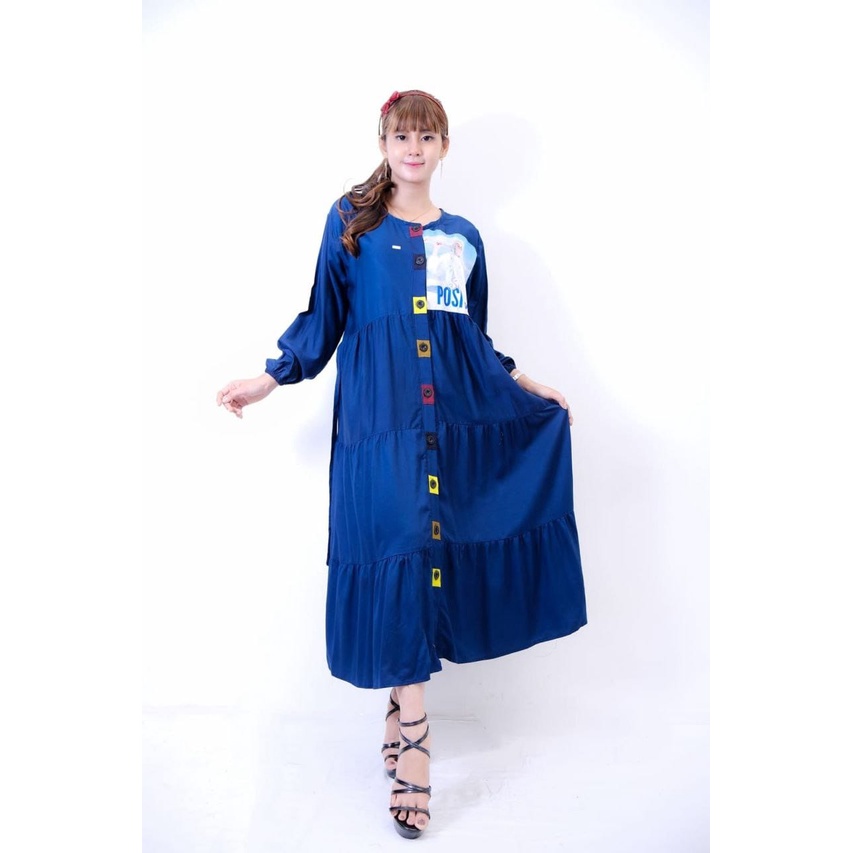 Midi dress terbaru emblem kancing full busui bumil rayon twill ori lengan panjang karet viral