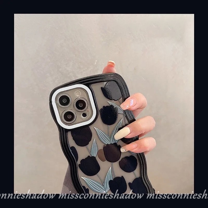 Case Kompatibel Untuk iPhone XR 11 Pro Max7 8 6s 6 Plus12 13 14 Pro Max14 Plus X XS MAX SE 2020gelombang Tepi Hitam Tulip Daun Hijau Silikon Lembut Back Phone Cover