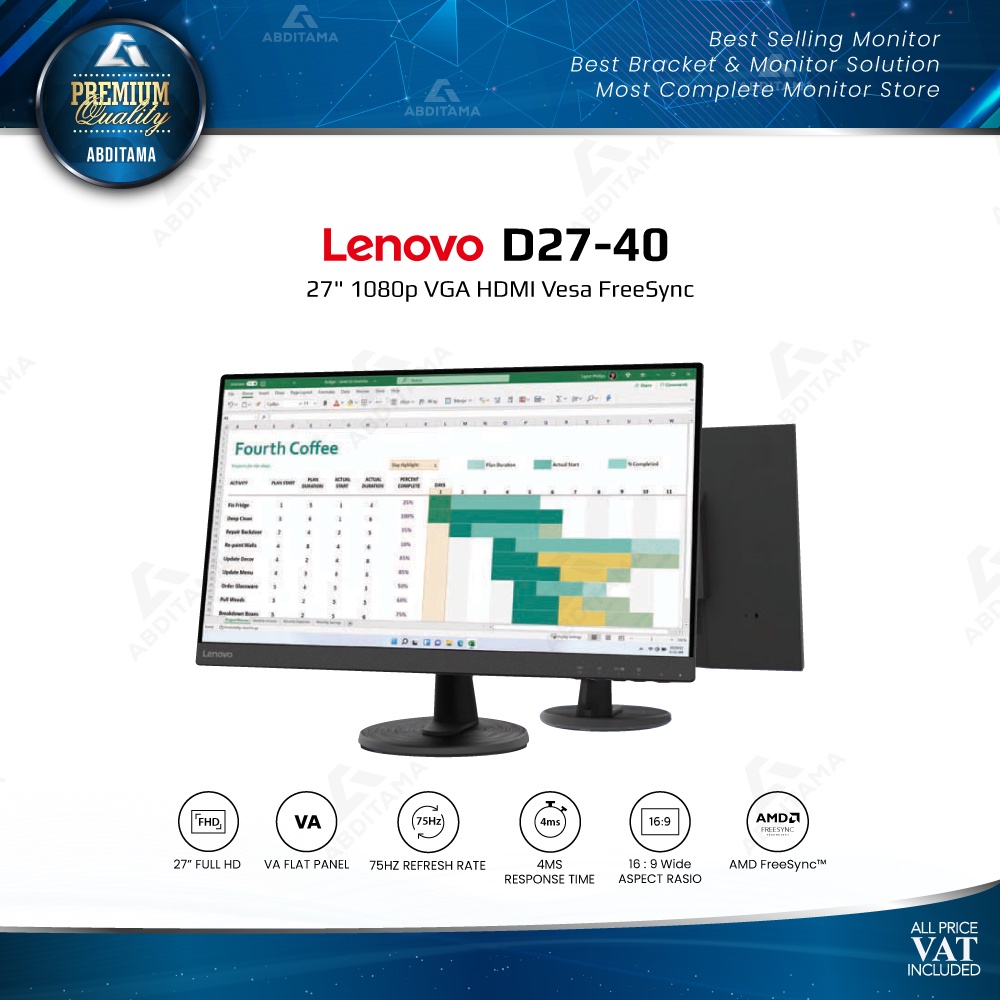 Monitor LED Lenovo D27-40 27&quot; 1080p VGA HDMI Vesa FreeSync
