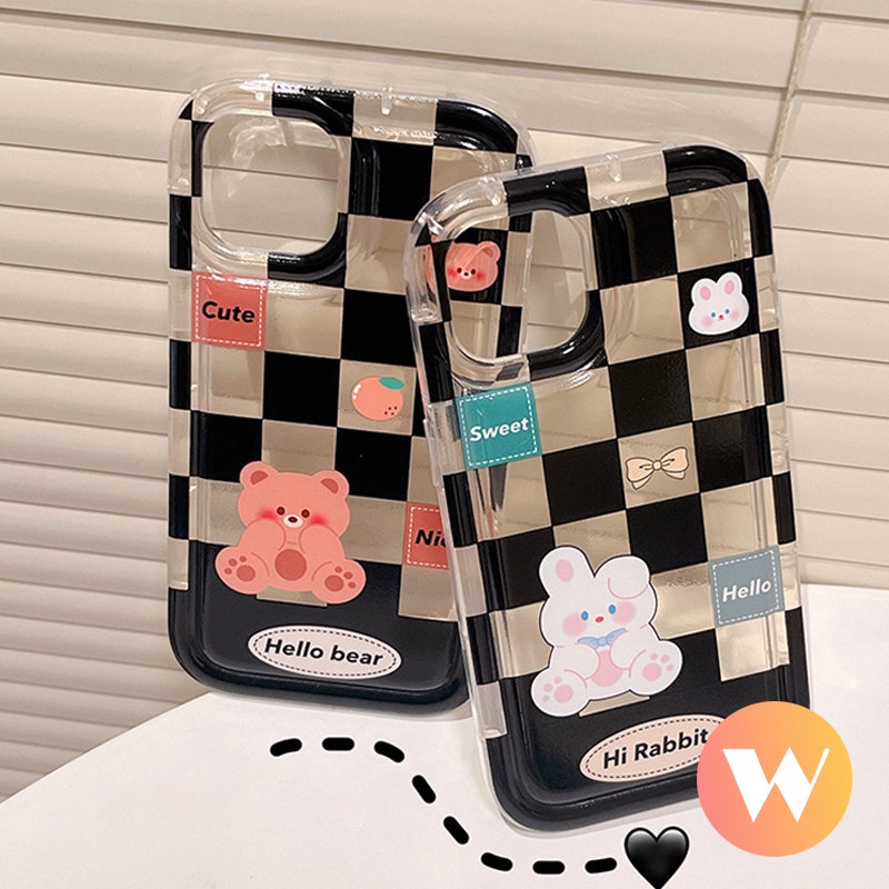 IPHONE Couple Lucu Kartun Beruang Kelinci Case Kompatibel Untuk Iphone11 13 12 14 Pro Max 7Plus 8Plus 6Plus XR X XS Max Shockproof Airbag Kotak-Kotak Lembut Tpu Phone Cover