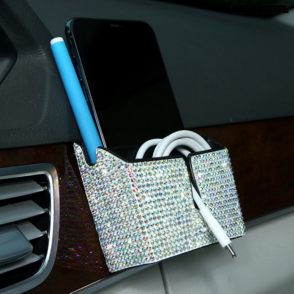 [Dekorasi] Kotak Penyimpanan Mobil 2-kompartemen Tahan Air Anti Jatuh Anti Gores Tempel Jenis Berlian Imitasi Bertatahkan Casing Ponsel Mobil Untuk Kendaraan
