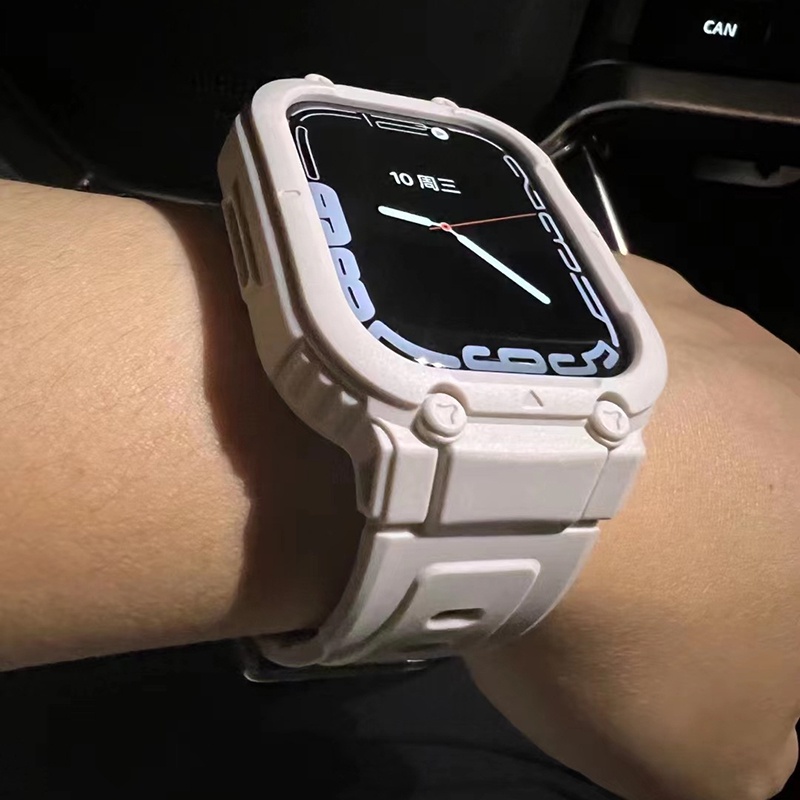 2-in-1 Rugged Armor TPU Watch Strap Bumper Case Compatible with Apple Watch Ultra 8 7 6 SE 5 4 Protective Cover for iWatch