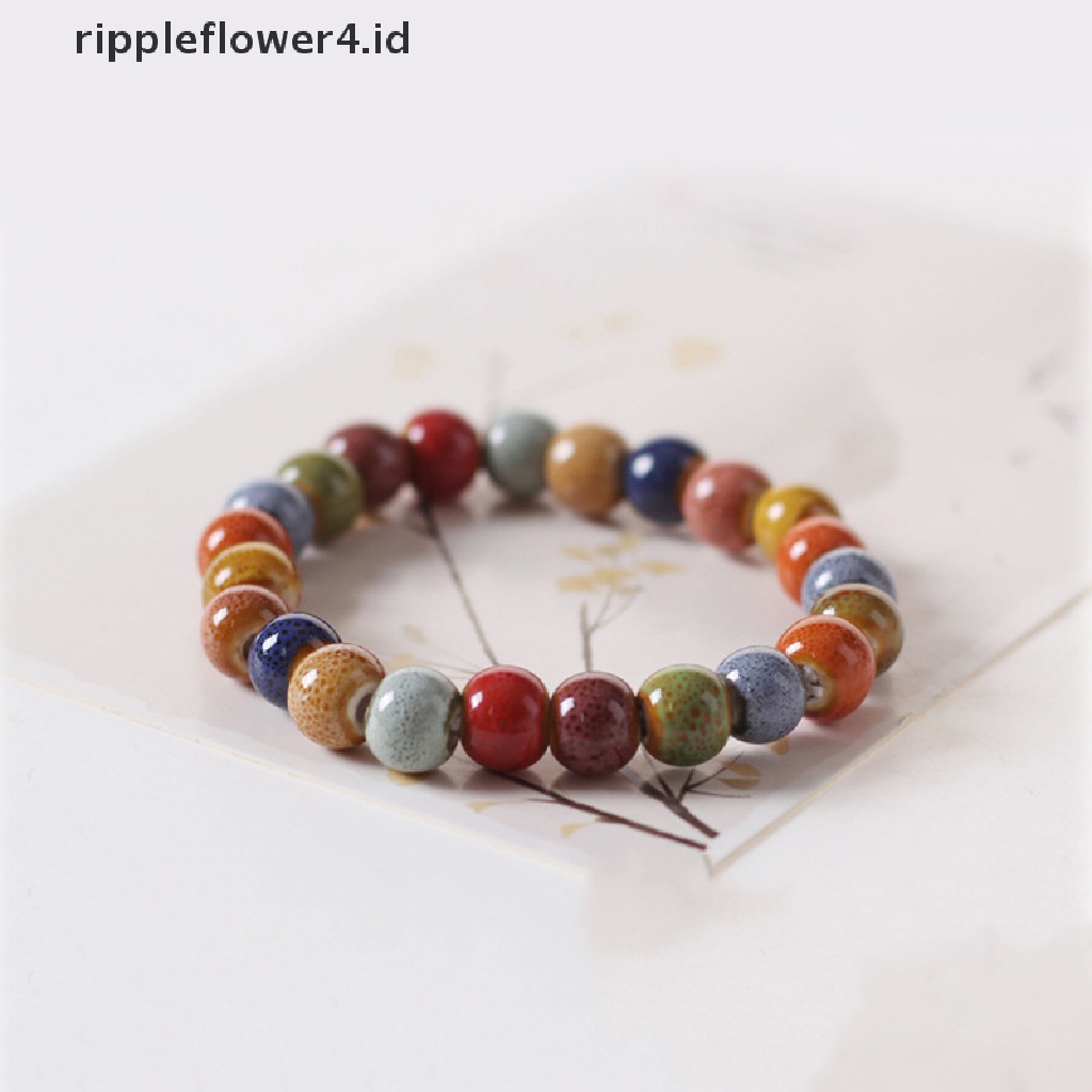 {rippleflower4.id} Gaya Etnik Fashion Glasir Keramik Manik-Manik Dainty Bracelets Strand Bracelet Multicolor Elastis Loves'Kado 1biji~