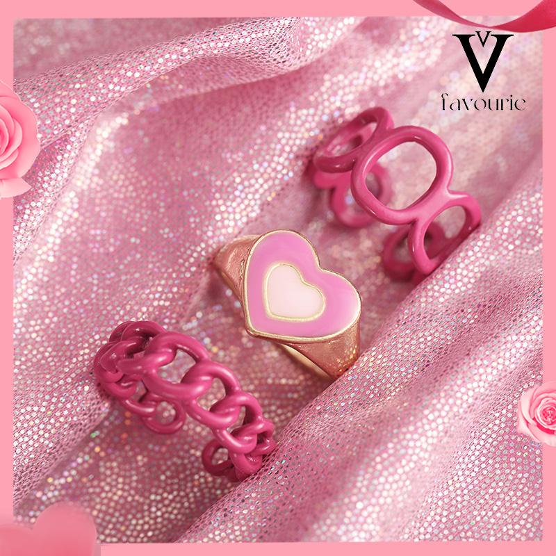 COD3PCS Heart Geometry Rings Cincin Geometri Jantung Cincin Mode Menetes Minyak yang Dapat Disesuaikan untuk Aksesoris Perhiasan Wanita-FA