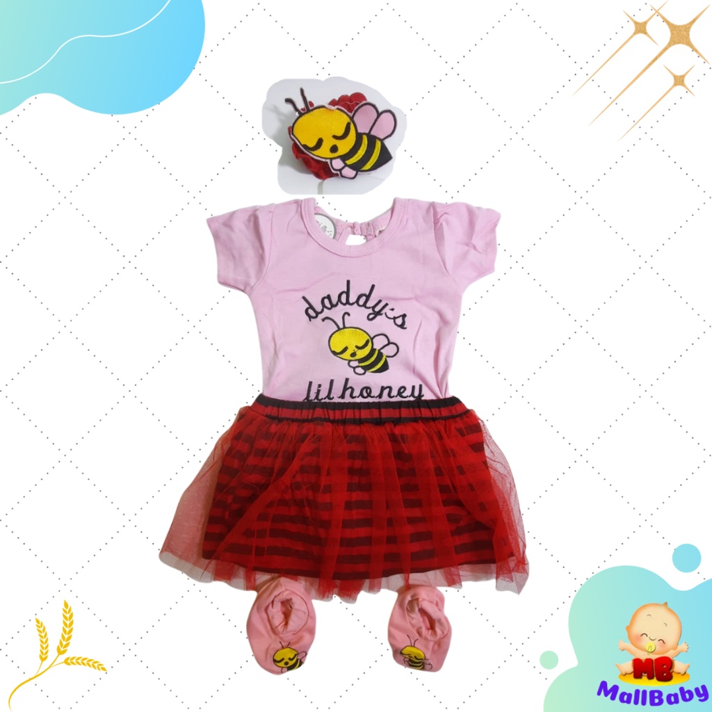 Set Jumper Bayi Perempuan Setelan Baju Anak Bayi cewek Rok Bandana Sepatu Murah Lucu Bee