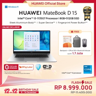 [Voucher s/d 5%] HUAWEI MateBook D 15 i5-1135G7 8GB/512GB SSD/ Win11 laptop/Sleek Metal Body/ 15.6” FHD Ultrabook/42Wh /2 years warranty