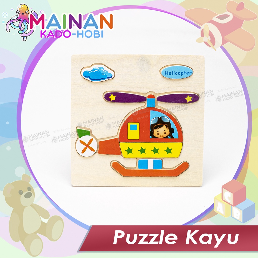 MAINAN EDUKASI ANAK WOODEN PUZZLE TRANSPORTASI KENDARAAN HELICOPTER