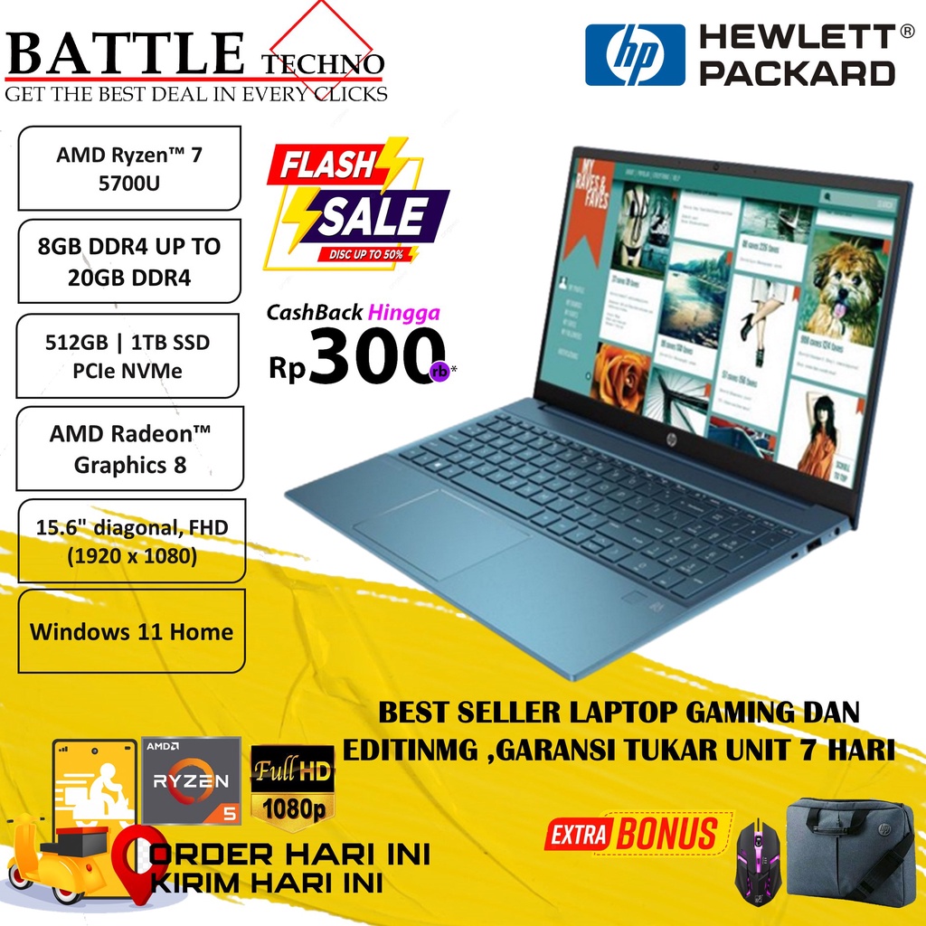 LAPTOP GAMING HP PAVILION 15 AMD RYZEN 7 5700U 20GB 1TB SSD RADEON 8 15.6 FHD WIN11HOME TERLARIS