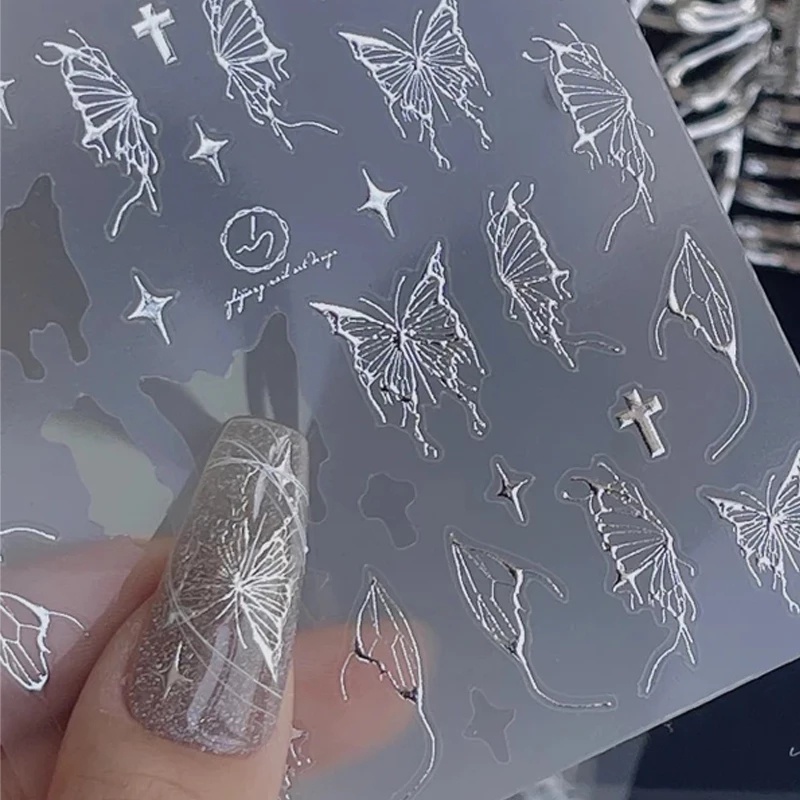 Laser Emas Perak Kupu-Kupu Stiker Kuku Hologram Berongga 3D Kupu-Kupu Kuku Sliders Dekorasi Musim Semi Musim Panas Manicure Art Design