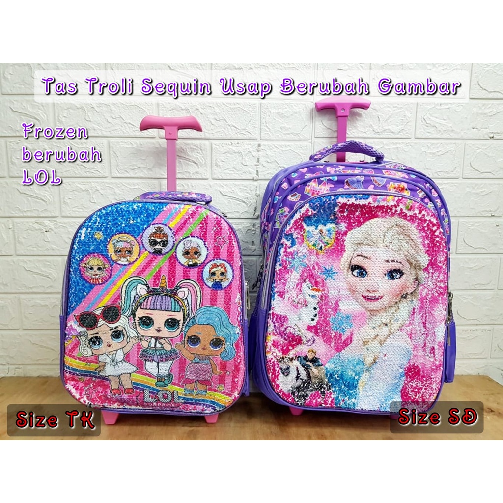 Tas Sekolah Troli Anak TK dan SD Motif Sequin Usap Bisa Berubah Gambar Tas Koper Dorong Anak Perempuan dan Laki-Laki Import