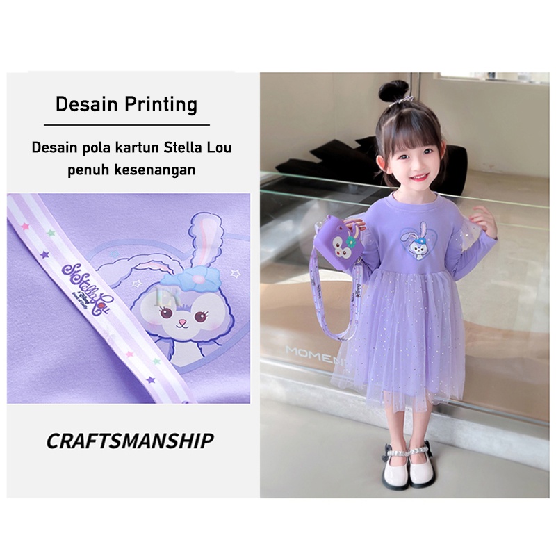 LNR Shop Free Tas Kecil !! Gaun Anak Perempuan Motif Stella Lou Lengan Panjang Rok Tutu Dua Layer Glitter Birthday Party Gaun Pesta Ulang Tahun Princess Bahan Cotton Halus Tangan Ruffle Dress Natal Lebaran Hari Raya Idul Fitri Imlek