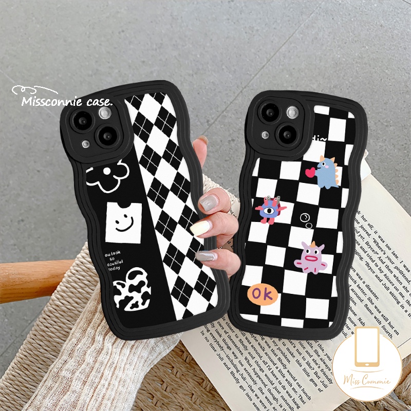 IPHONE Case Kompatibel Untuk Iphone6 6s 87plus 11 14 13 12 Pro Max 14Plus XR X XS Max SE 2020papan Catur Diamond Grid Kartun Monster Kecil Lembut TPU Bergelombang Penutup Tepi