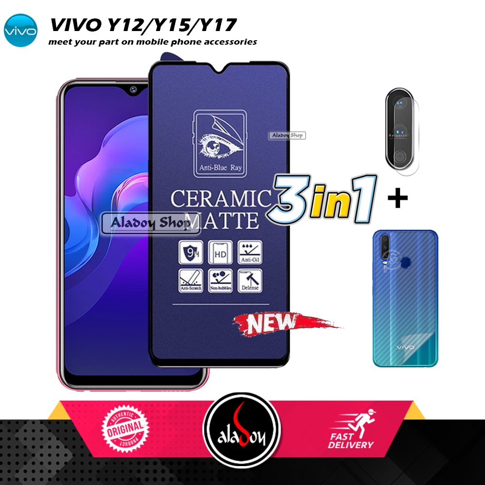 PAKET 3IN1 Anti Gores Blue Matte Anti Glare Vivo Y12/Y15/Y17 + Tempered Glass Camera dan Skin Carbon