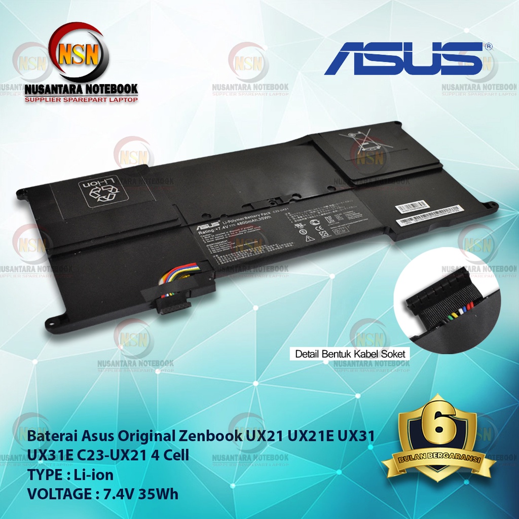 Baterai Laptop Original Asus Zenbook UX21 UX21E UX31 UX31E C23-UX21 4 Cell 7.4V 35Wh