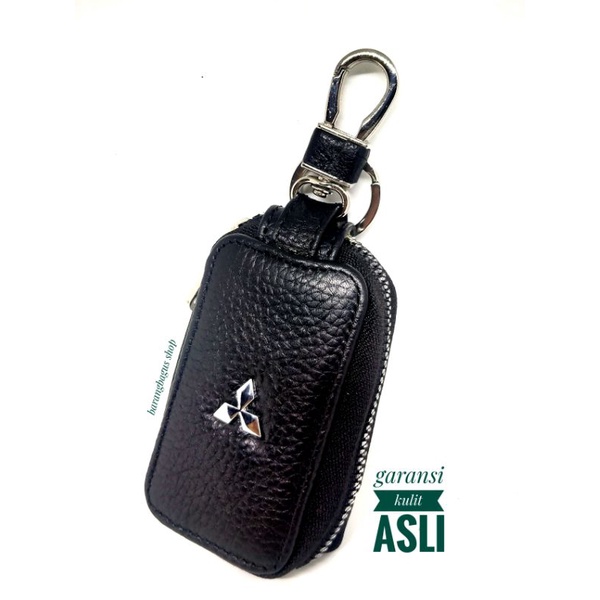 Hardcase Dompet Tempat Remote Mobil Kulit asli Gantungan kunci Logo Mitsubishi