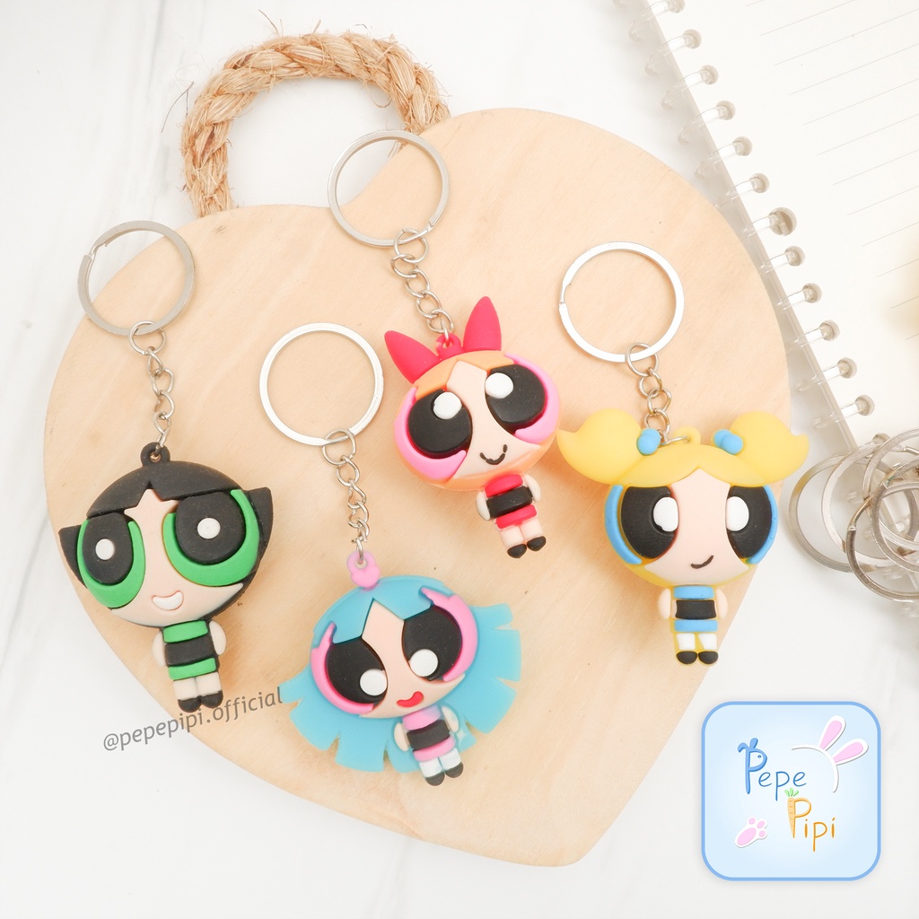 Gantungan Kunci Karet Power Puff Girl Keychain Hiasan Tas karet Gantung Hiasan Aksesoris Tas Buttercup Bubbles Blossom Bliss