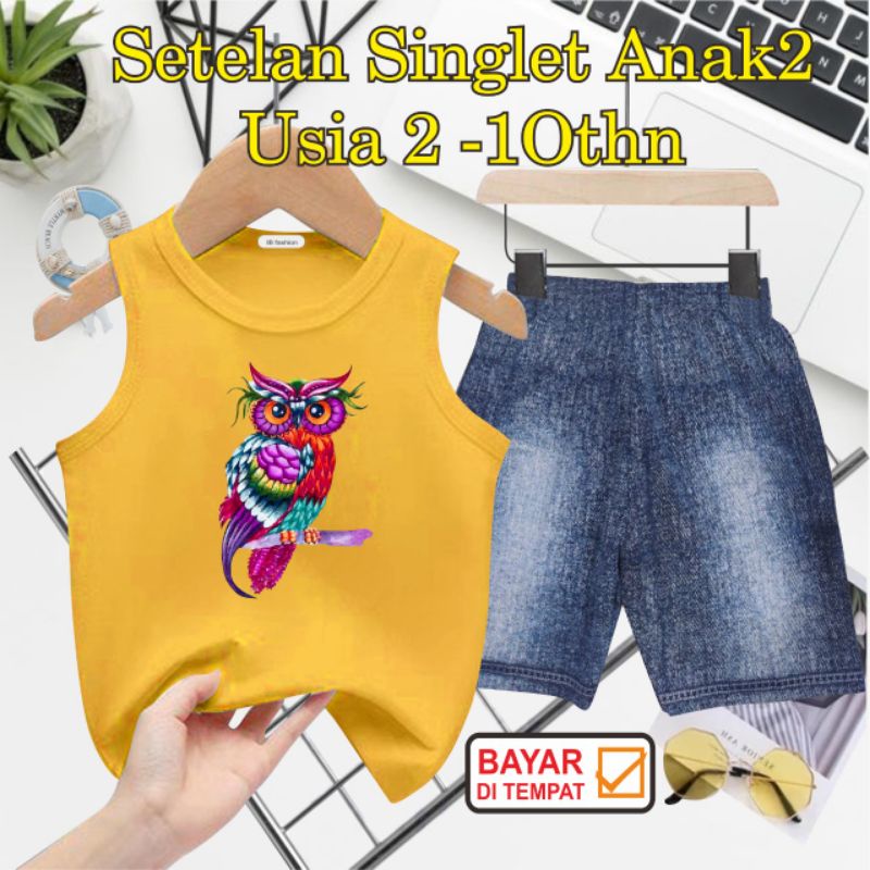 ((IB))SETELAN ANAK SINGLET SEMI JEANS/BIRD DIGITAL SABLON