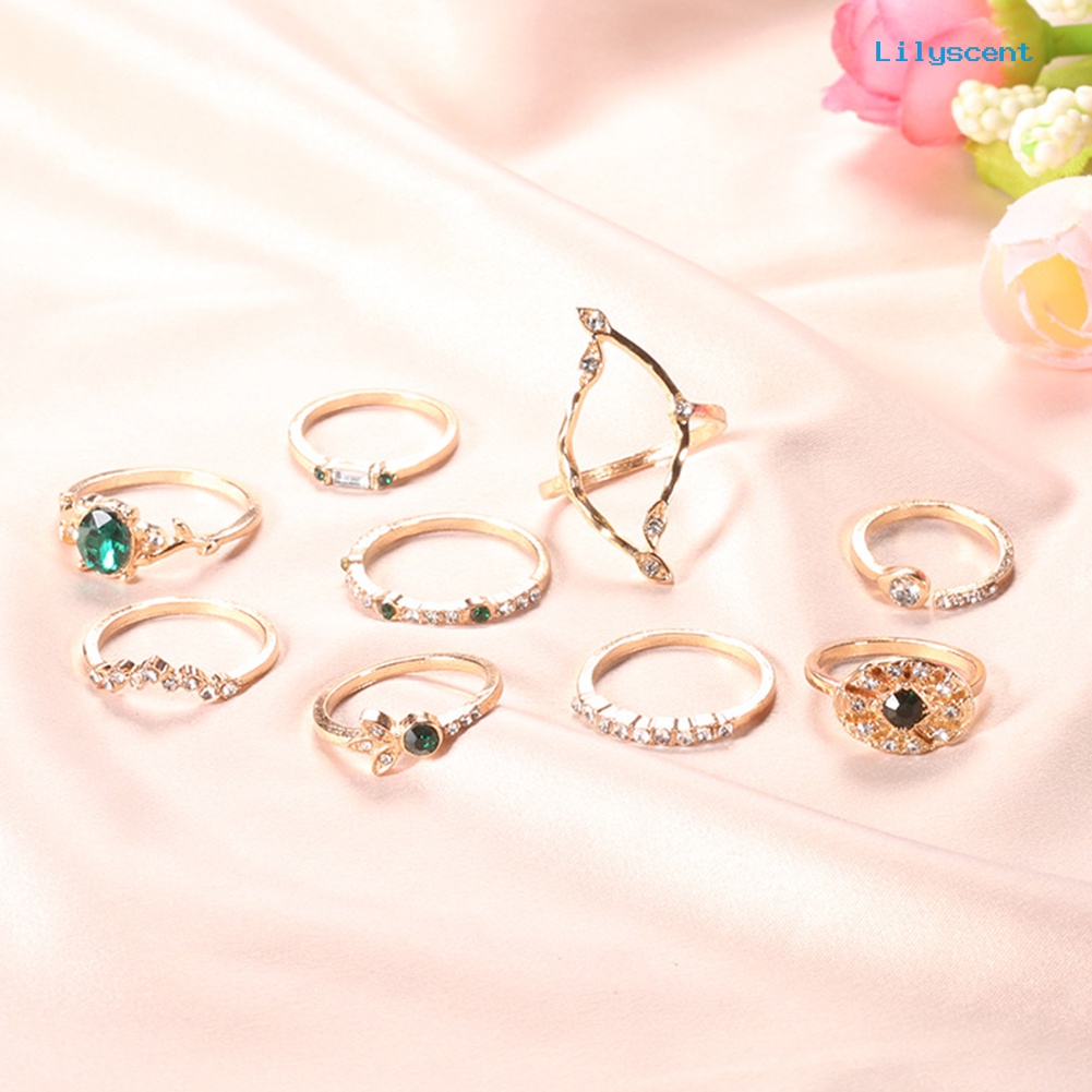 [LS]9Pcs /Set Lady Hollow Belah Ketupat Oval Berlian Imitasi Pembukaan Susun Knuckle Midi Ring