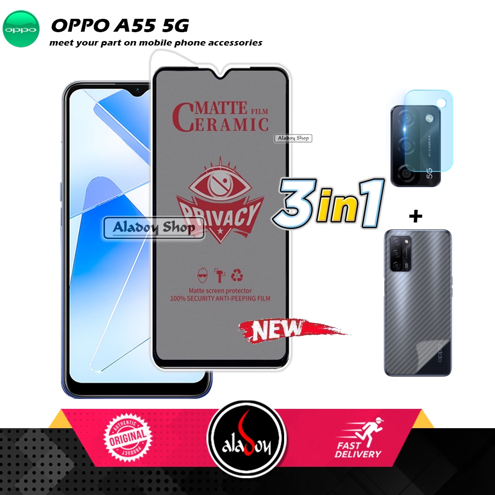 Tempered Glass Anti SPY Oppo A55 5G Anti Gores Privacy + Tempered Glass kamera dan Skin Carbon