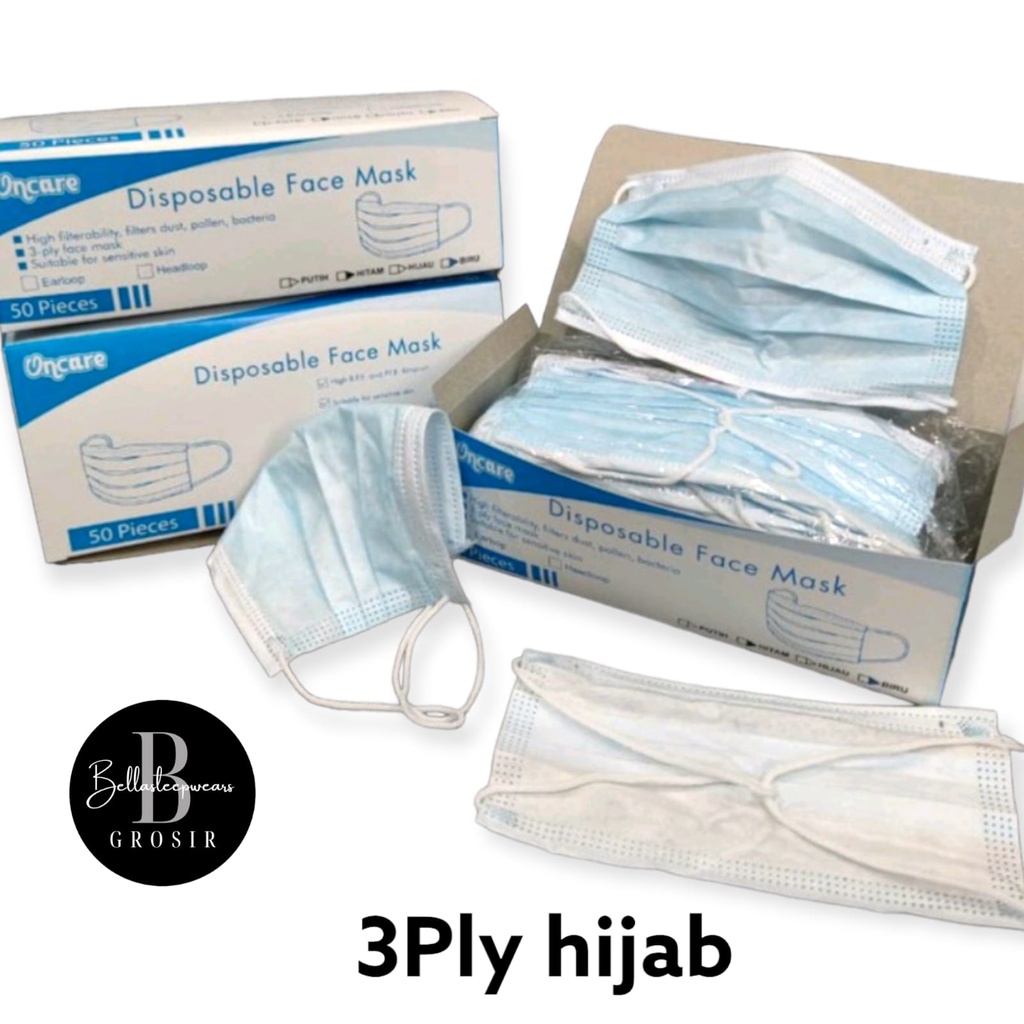 MASKER HIJAB 3ply ONCARE HEADLOOP DISPOSABLE FACEMASK 3PLY MEDICAL GRADE - BIRU