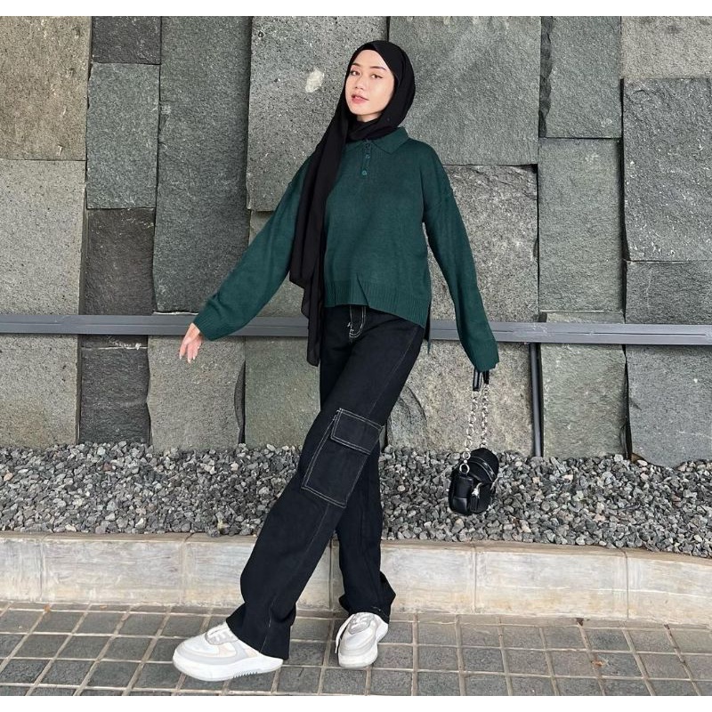 (27-30) HITAM LIST HW CARGO LOOSE JEANS / BLACK HW CARGO LOOSE JEANS / CELANA HIGHWAIST CARGO LOOSE JEANS WANITA CEWEK