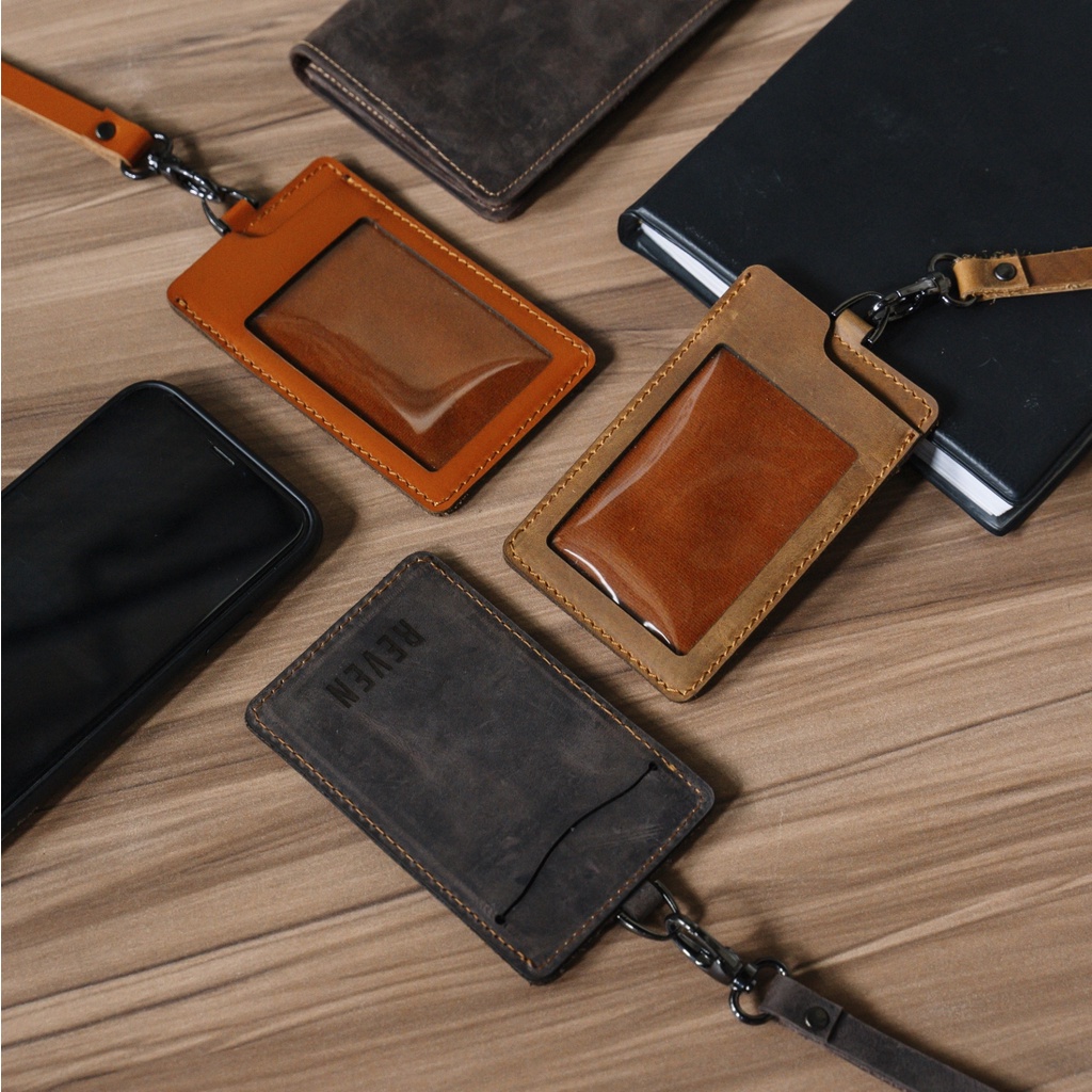 Reven Leather Lanyard - Gantungan Tali ID Card Name Tag Holder Arca Lanyard Pocket Tempat ID Kartu Nama Kantor Sekolah Serbaguna Bahan Kulit Asli Model Kalung Premium Genuine Original